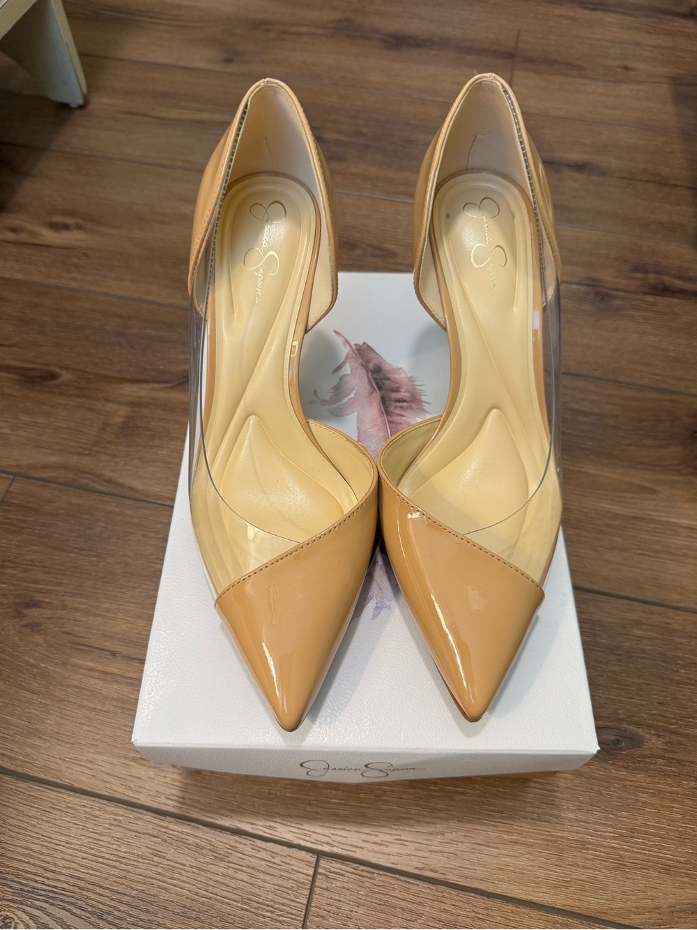 Jessica Simpson Tan Patent Pointed-Toe D'Orsay Pumps with Clear Sides